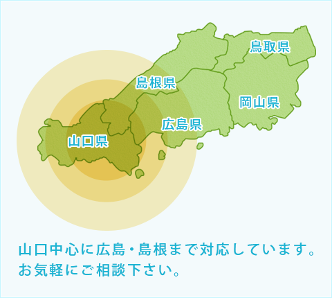 訪問可能地域　山口中心に広島・島根まで対応しています。お気軽にご相談下さい。